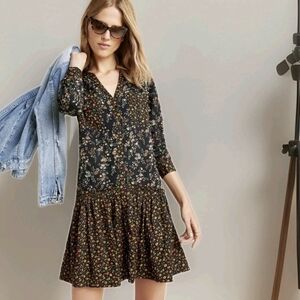 Anthropologie Maeve Marlie Button Up Tunic Dress Black Mixed Floral Print Sz 6